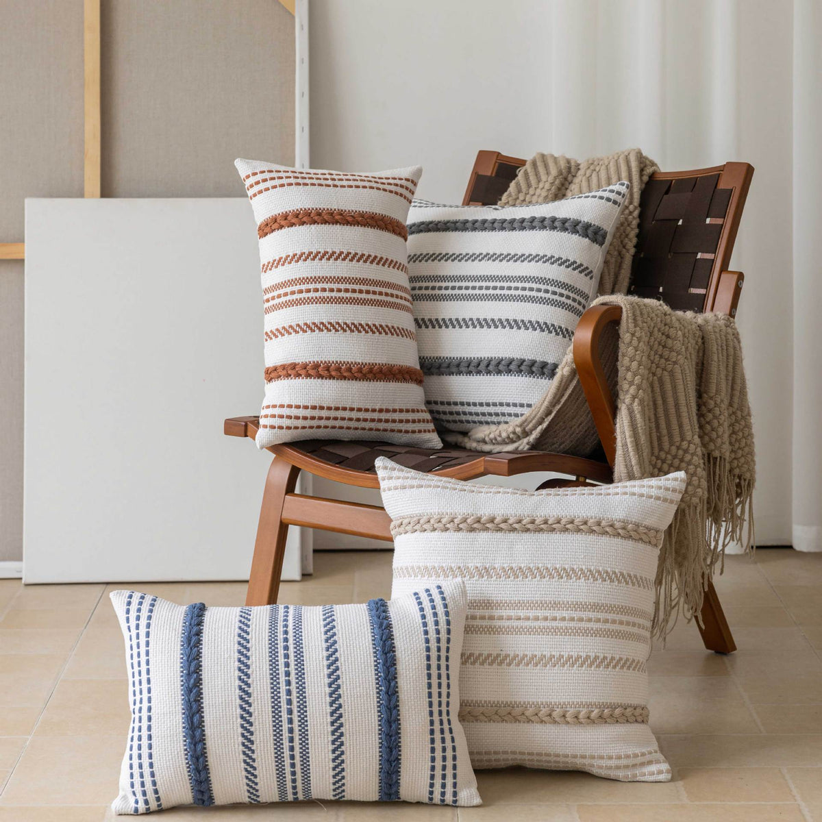 Pillow Cover Set Handwoven Cotton Braided Accents