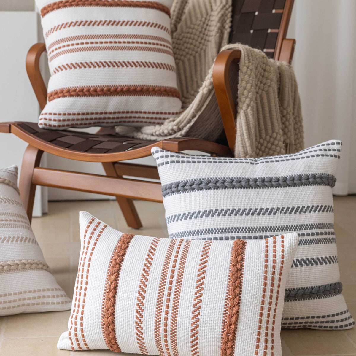 Pillow Cover Set Handwoven Cotton Braided Accents