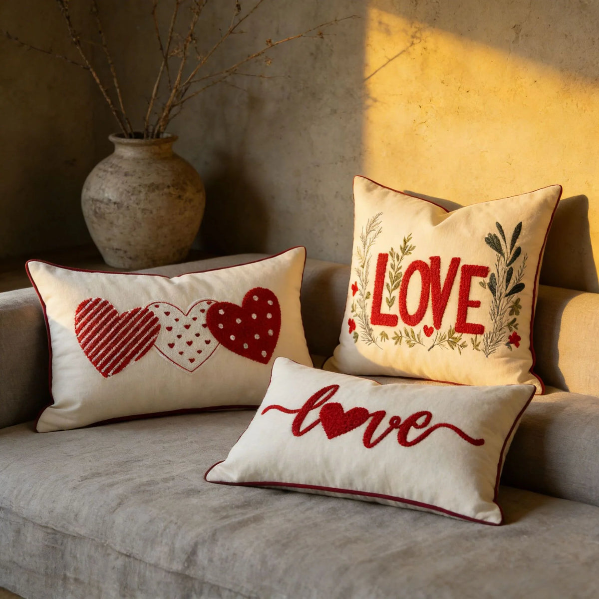 Pillow Cover Tufted Chenille & Botanical Embroidery Cotton-Linen