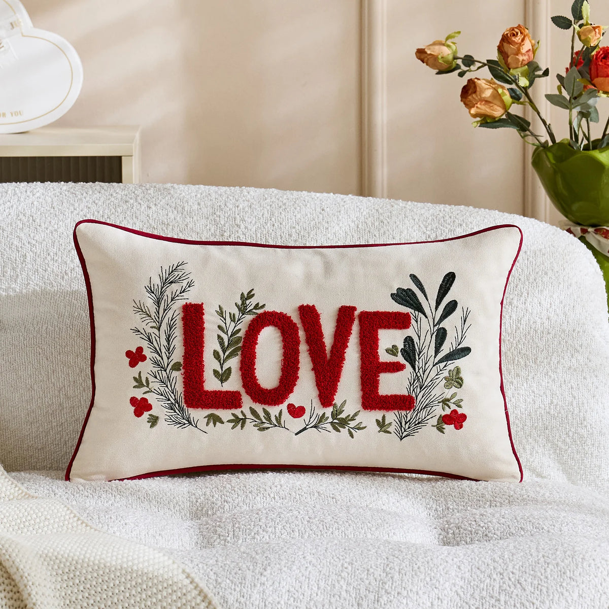 Pillow Cover Tufted Chenille & Botanical Embroidery Cotton-Linen