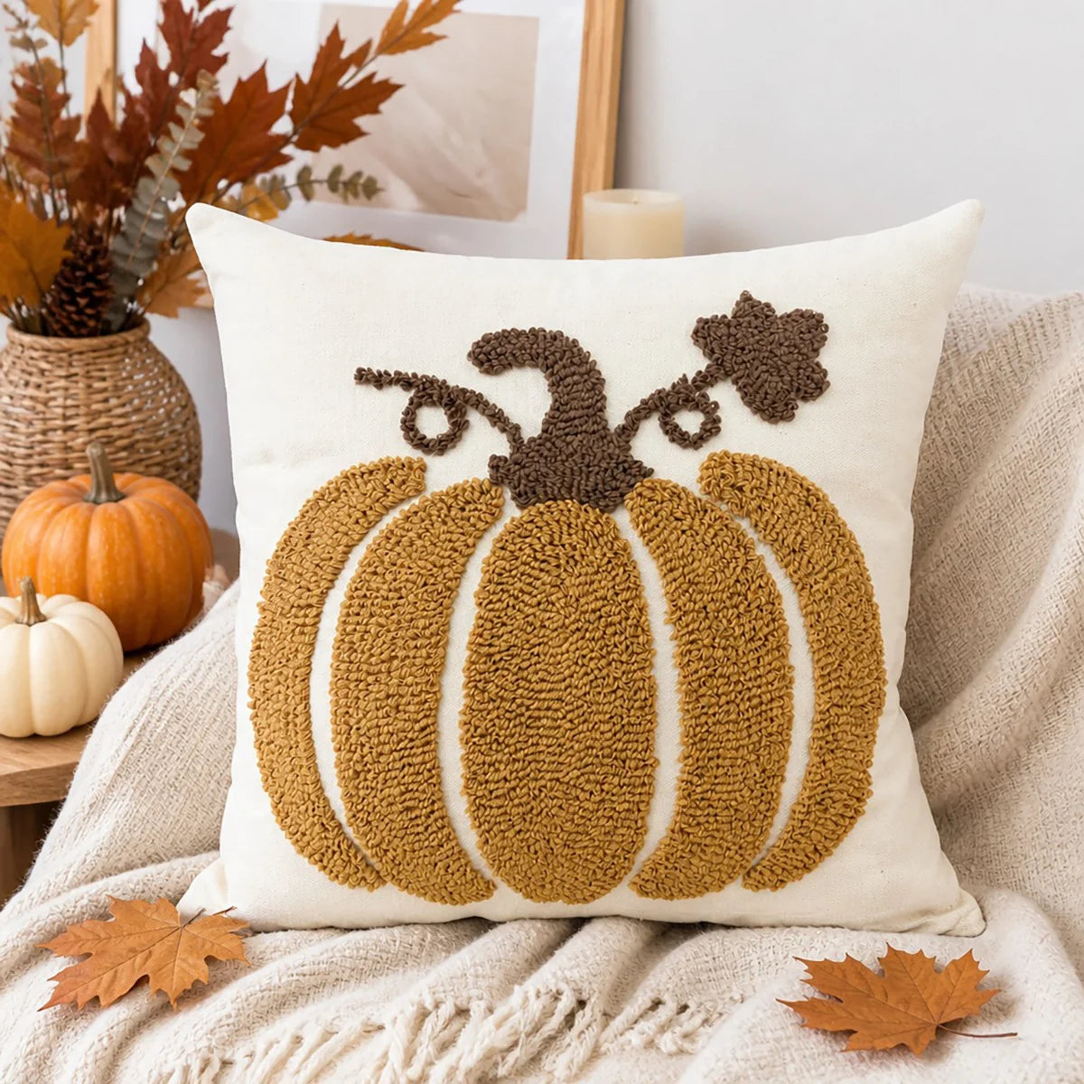 Pillow Cover Tufted Chenille Suede-Like Microfiber Hidden Zipper