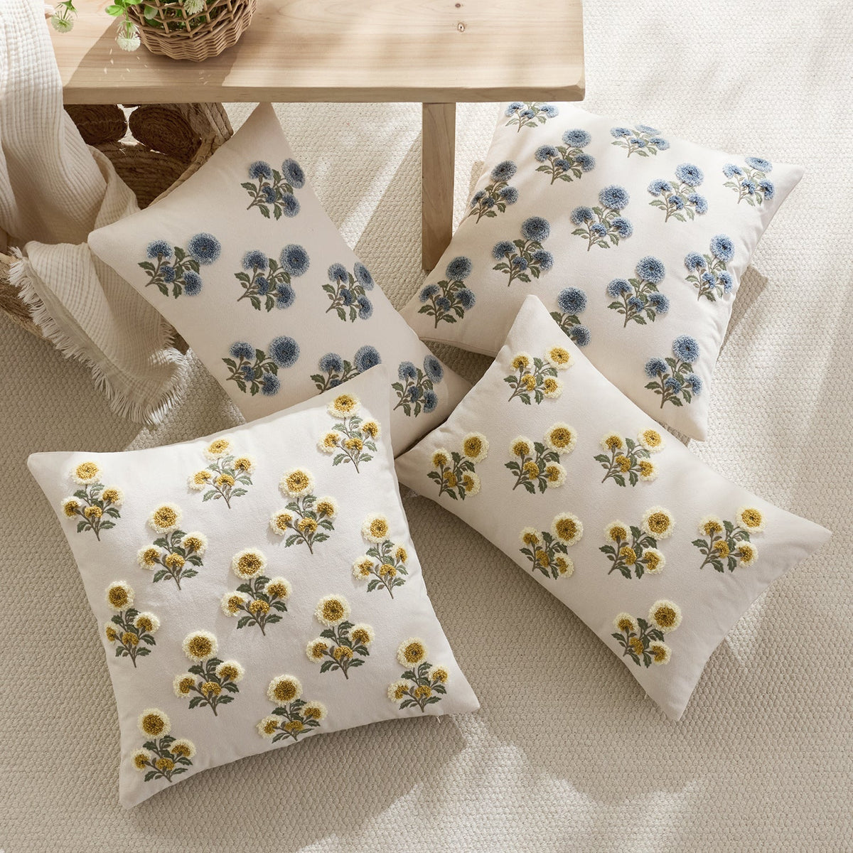 Pillow Cover Tufted Floral Embroidery Cotton-Linen Hidden Zipper