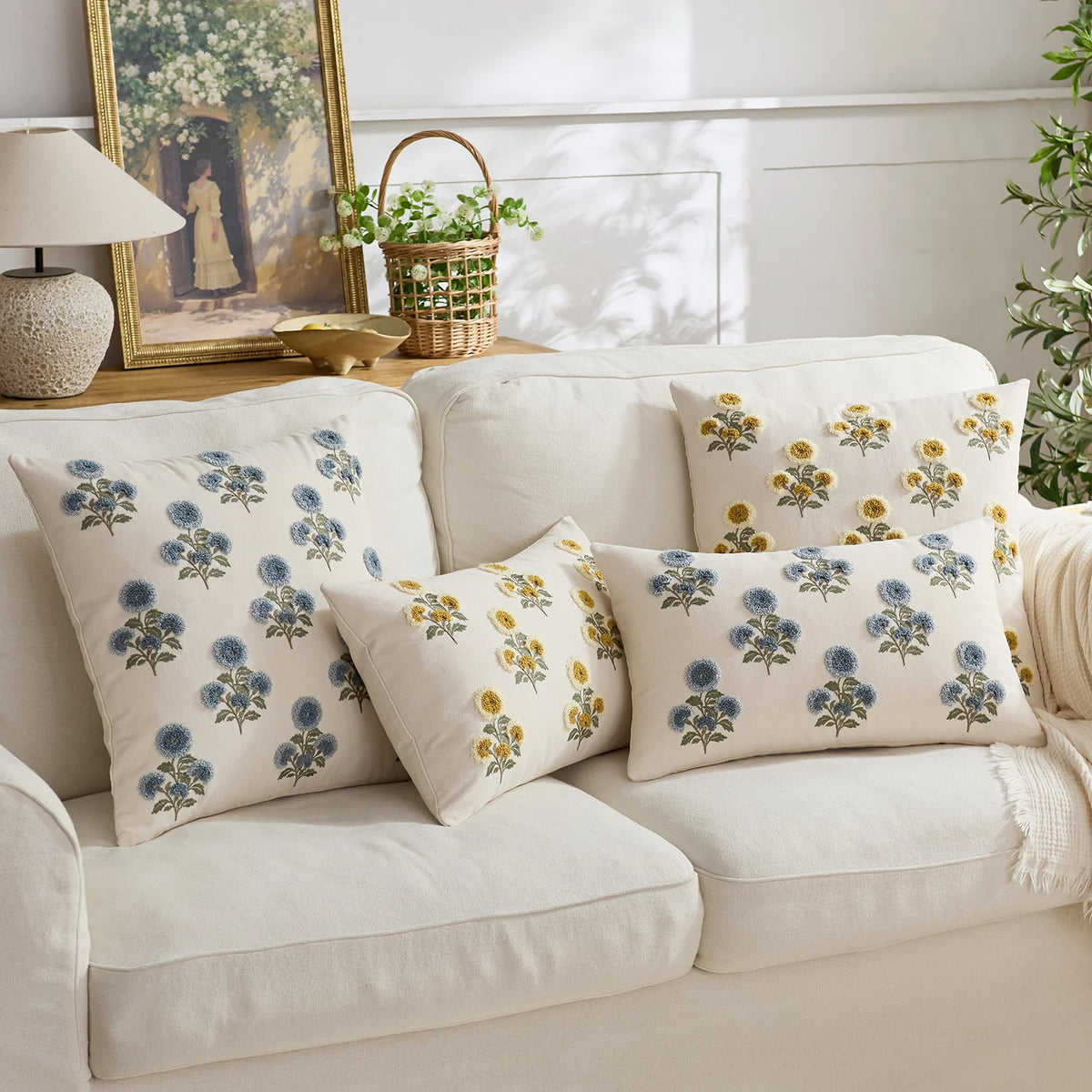 Pillow Cover Tufted Floral Embroidery Cotton-Linen Hidden Zipper