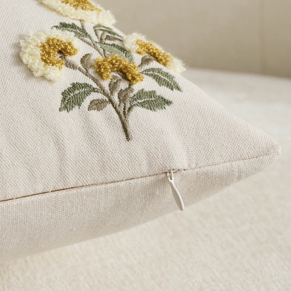 Pillow Cover Tufted Floral Embroidery Cotton-Linen Hidden Zipper