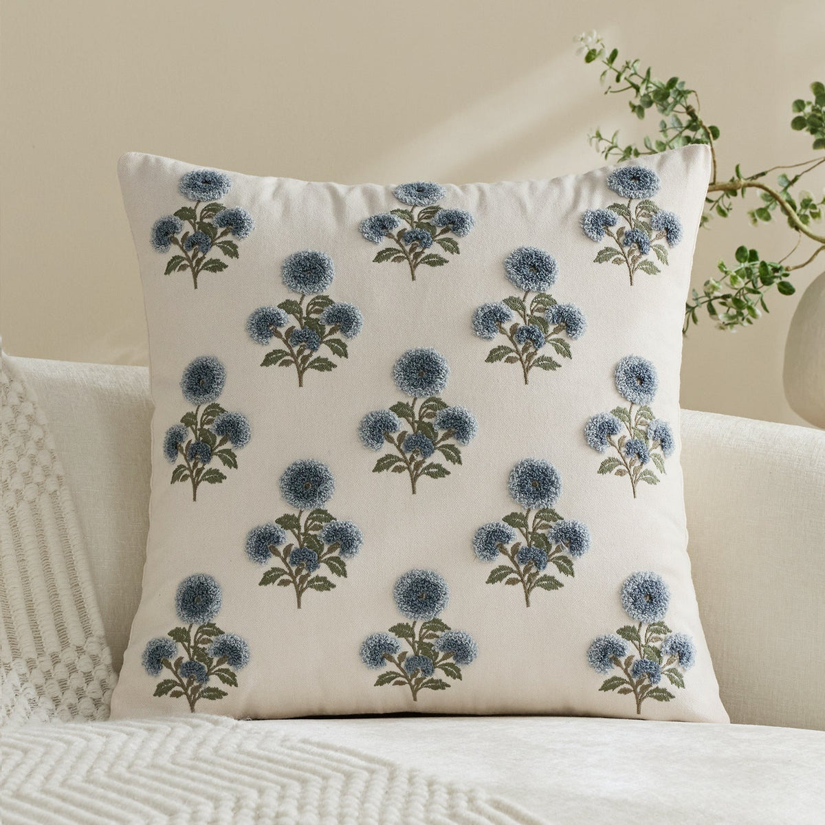 Pillow Cover Tufted Floral Embroidery Cotton-Linen Hidden Zipper