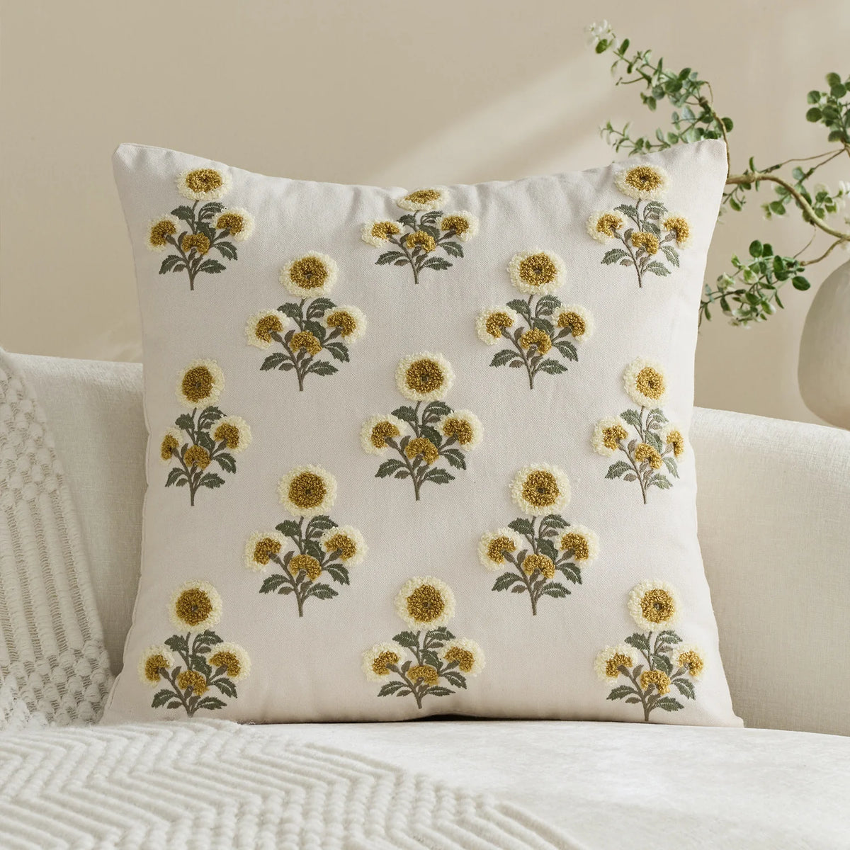 Pillow Cover Tufted Floral Embroidery Cotton-Linen Hidden Zipper