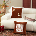 Pillow Cover Velvet Faux Fur Trim & Crane Embroidery