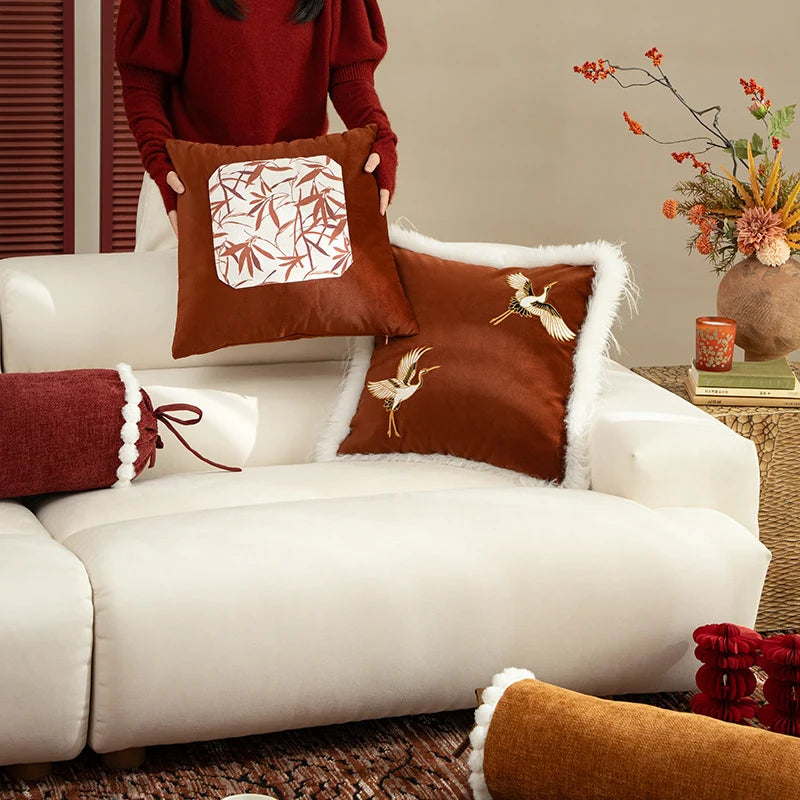 Pillow Cover Velvet Faux Fur Trim & Crane Embroidery