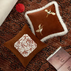 Pillow Cover Velvet Faux Fur Trim & Crane Embroidery