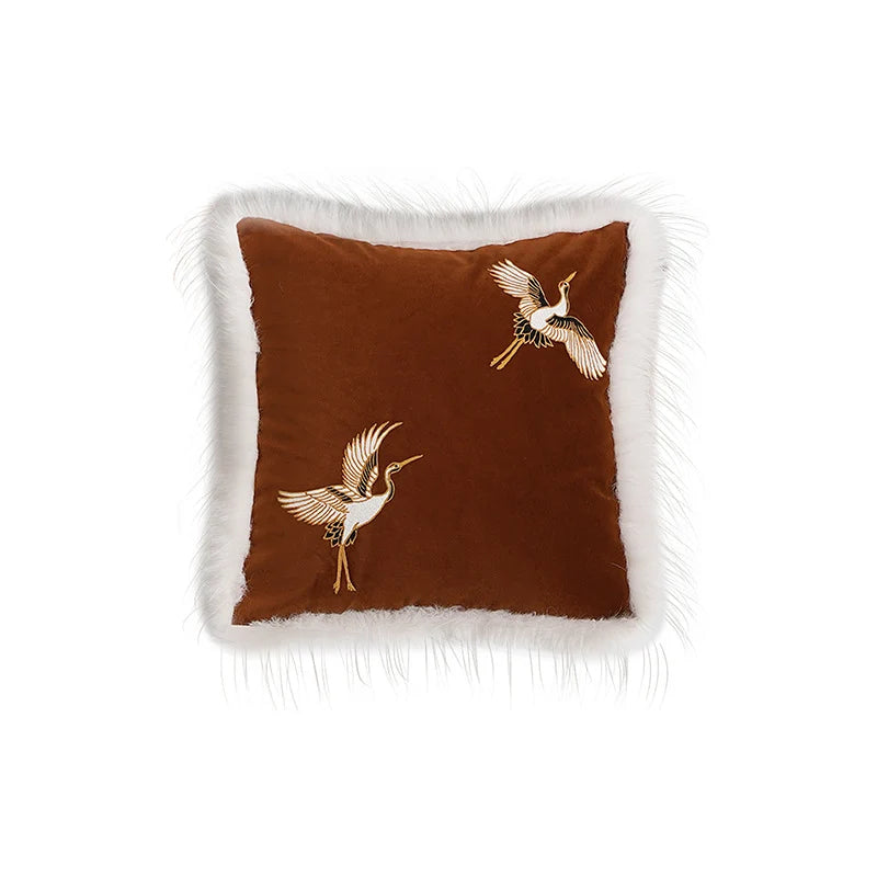 Pillow Cover Velvet Faux Fur Trim & Crane Embroidery