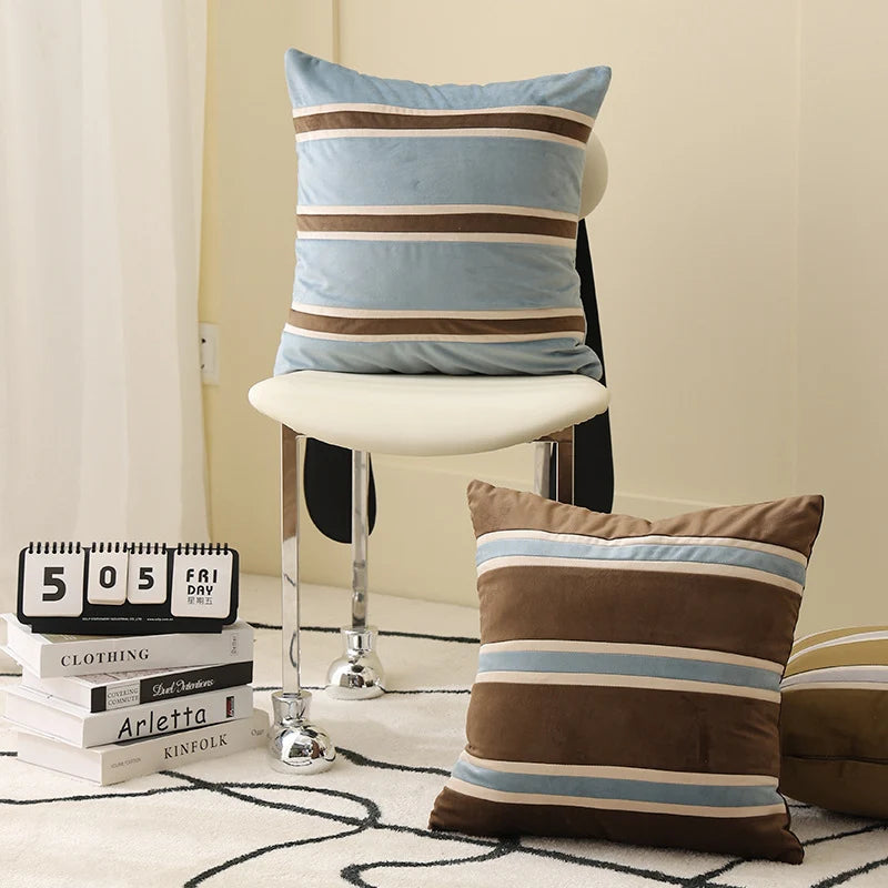 Pillow Cover Velvet Woven Horizontal Stripes Concealed Zipper