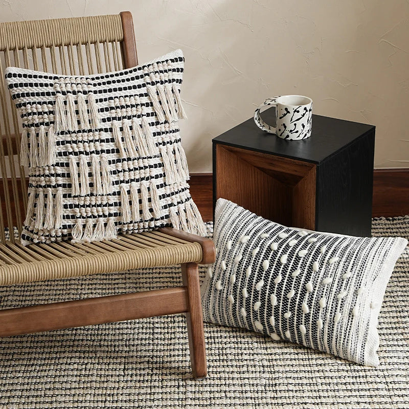 Pillow Cover Woven Cotton-Blend Hand-Tufted Tassels & Concealed Zipper