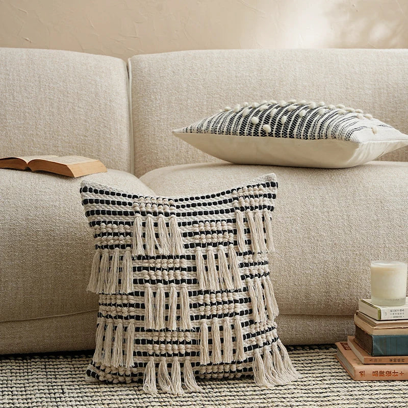 Pillow Cover Woven Cotton Blend Tiered Tassels Concealed Zipper