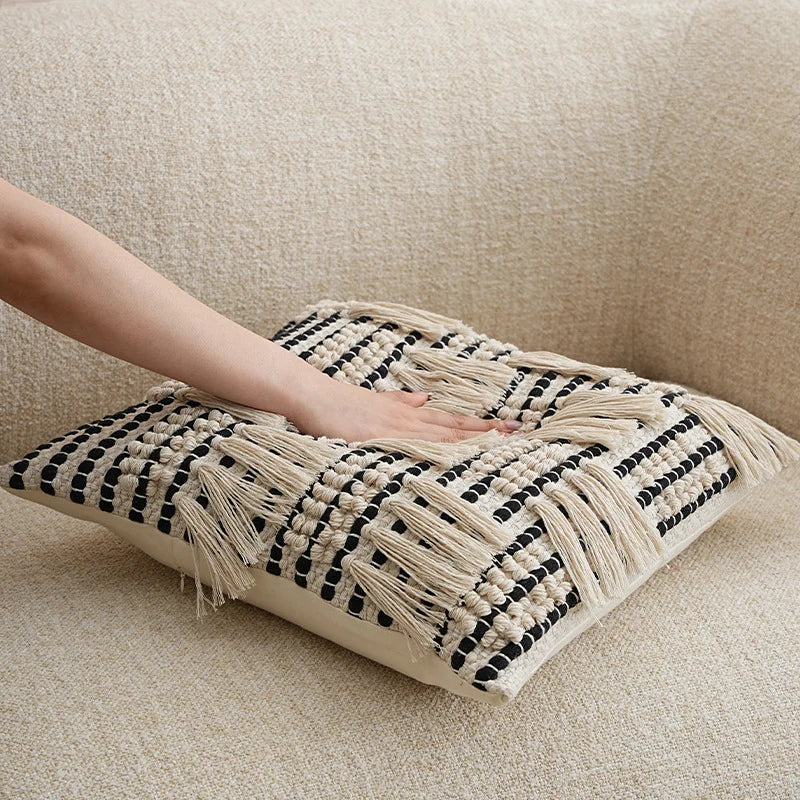 Pillow Cover Woven Cotton Blend Tiered Tassels Concealed Zipper