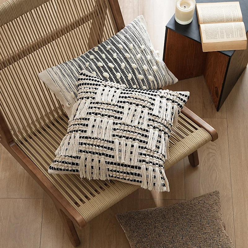 Pillow Cover Woven Cotton Blend Tiered Tassels Concealed Zipper