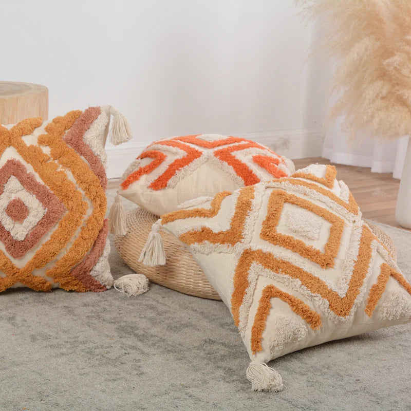 Pillow Set Hand-Tufted Geometric Cotton Cover Square & Lumbar