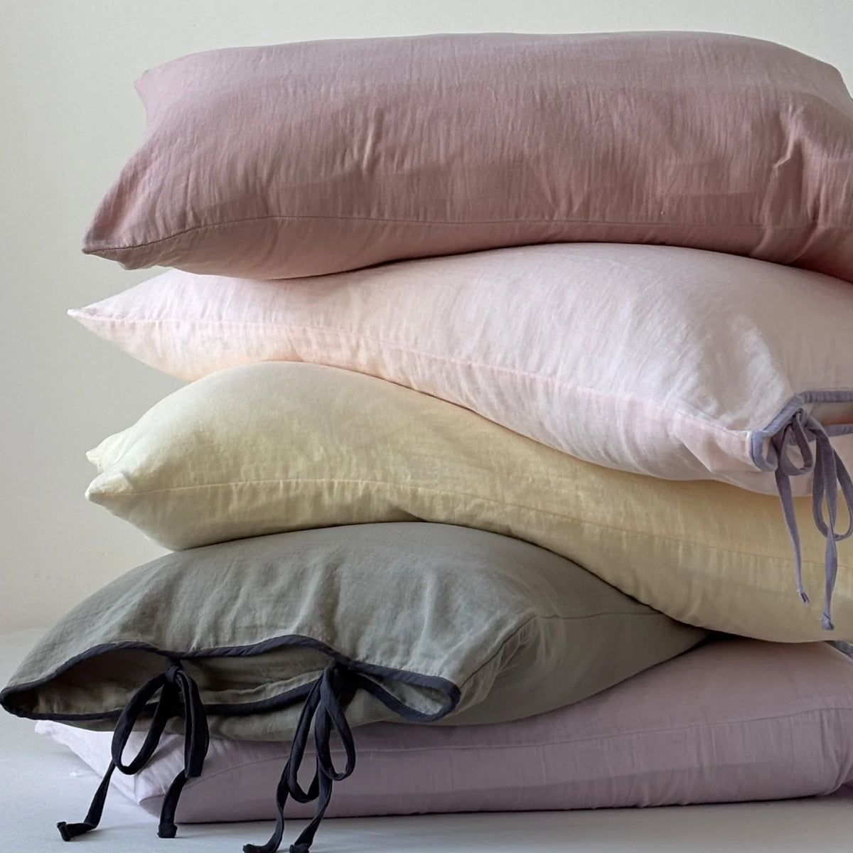 Pillowcase Set Washed Linen Look Decorative Ties Easy Care