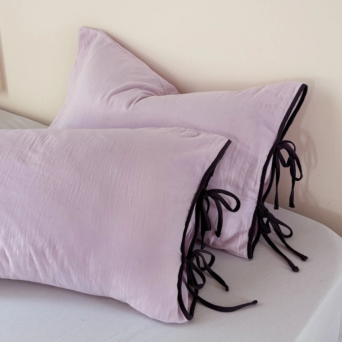 Pillowcase Set Washed Linen Look Decorative Ties Easy Care