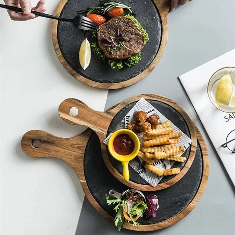 Pizza Serving Plate Acacia Wood Sleek Black Finish