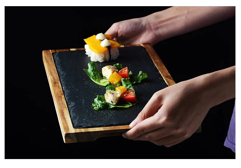 Pizza Serving Plate Acacia Wood Sleek Black Finish