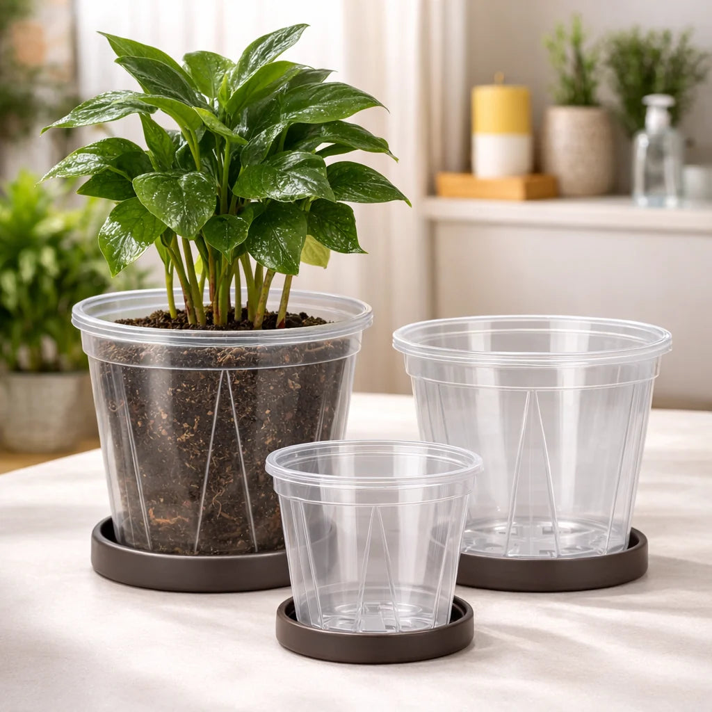 Plant Pot Set Clear Plastic Drainage Pack of 12