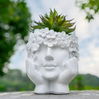 Plant Pot Woman Face Sculpture Matte White Resin