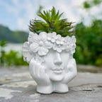 Plant Pot Woman Face Sculpture Matte White Resin
