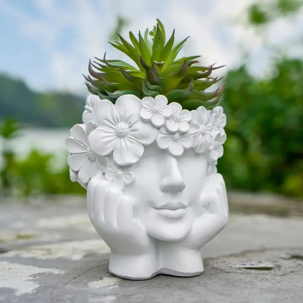 Plant Pot Woman Face Sculpture Matte White Resin