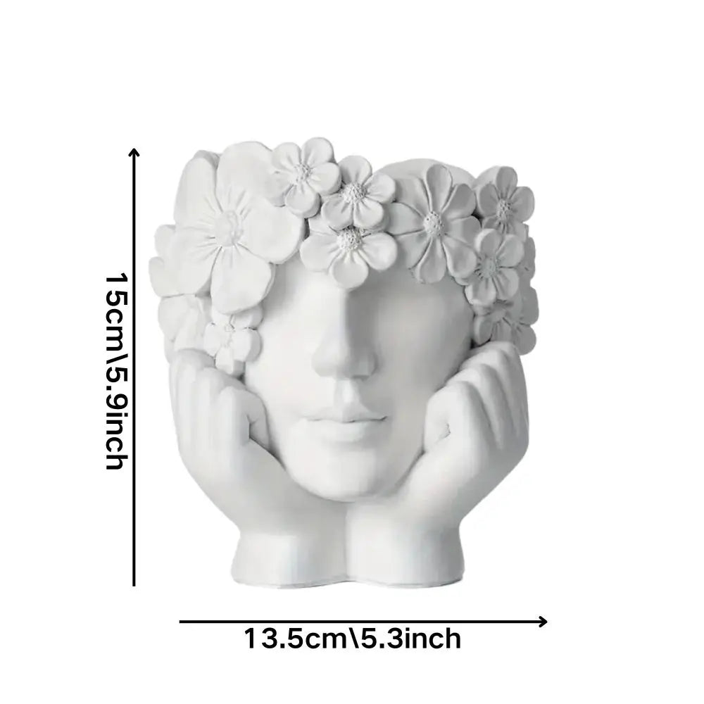 Plant Pot Woman Face Sculpture Matte White Resin