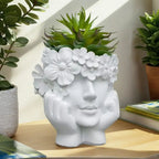 Plant Pot Woman Face Sculpture Matte White Resin