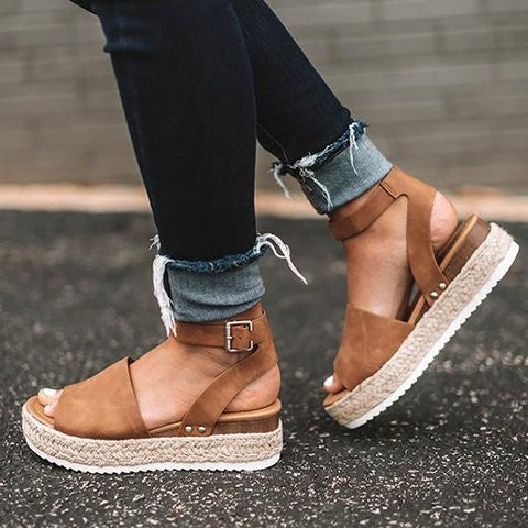Platform Wedge Sandals Adjustable Ankle Strap Open Toe
