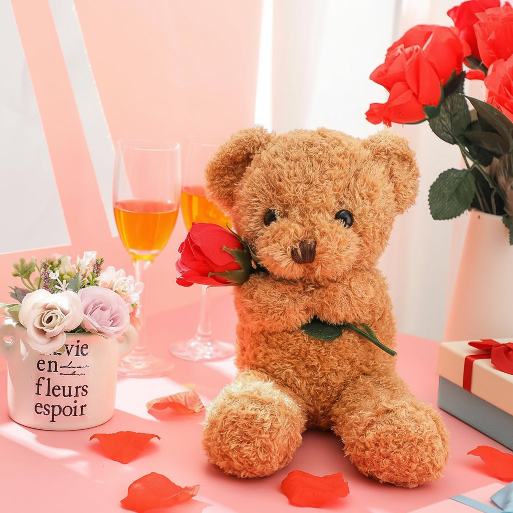 Plush Bear Rose Design Surface Washable