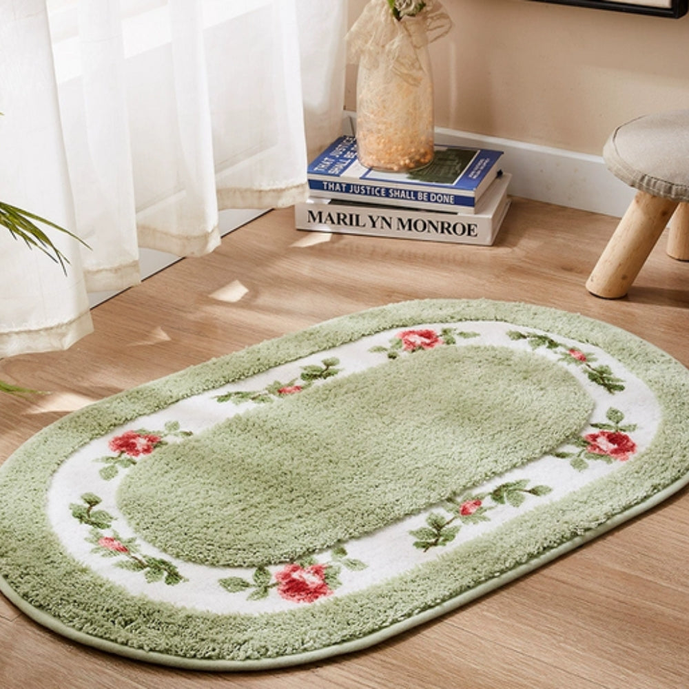 Plush Microfiber Absorbent & Non-Slip Bath Mat (Floral Oval)