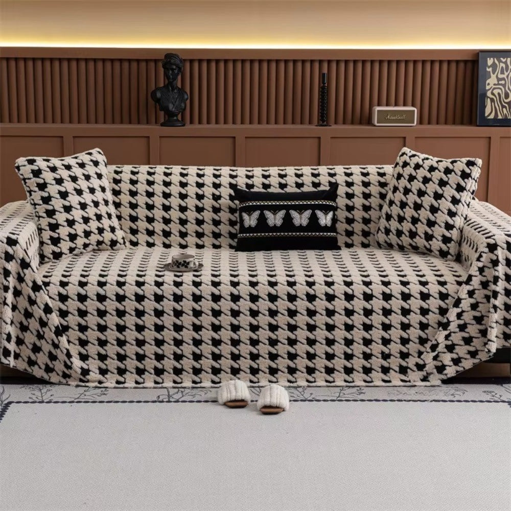 Plush Microfiber Non-Slip Houndstooth Sofa Cover