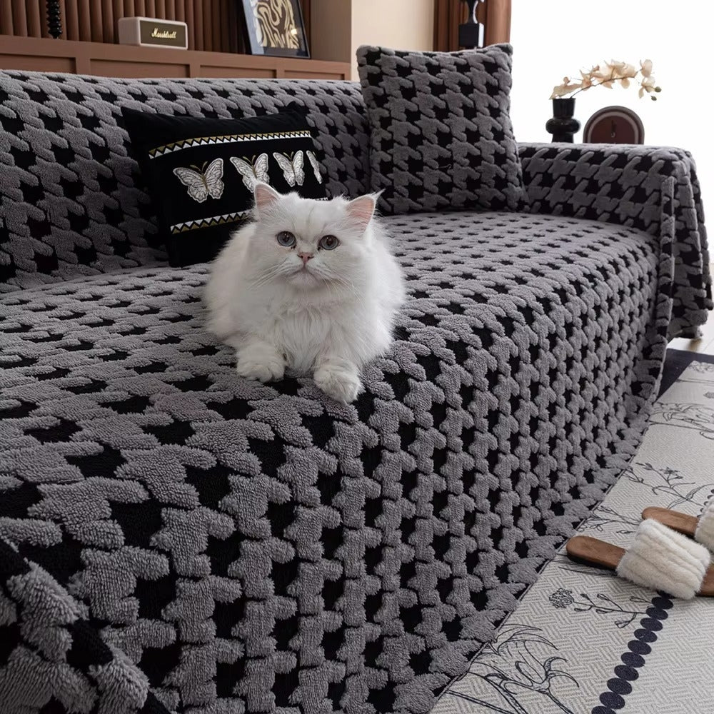 Plush Microfiber Non-Slip Houndstooth Sofa Cover