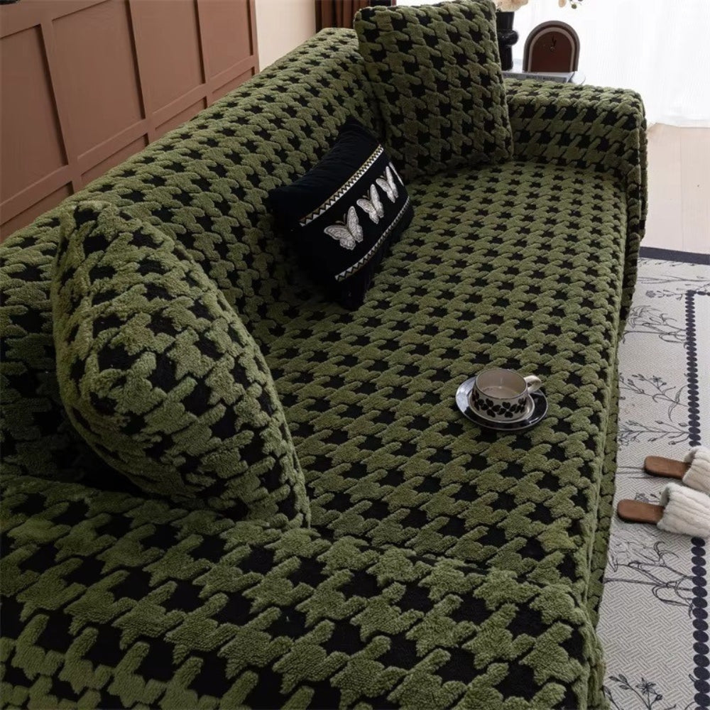 Plush Microfiber Non-Slip Houndstooth Sofa Cover
