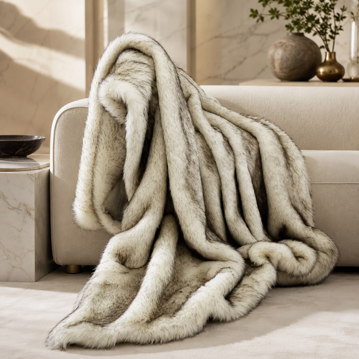 Plush Reversible Faux Fur & Milk Velvet Throw Blanket