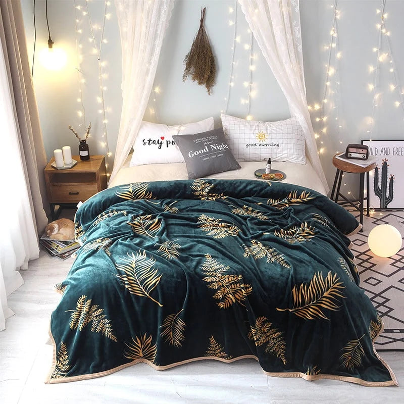 Plush Throw Blanket Botanical Leaf Print Reinforced Edge