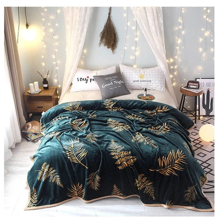 Plush Throw Blanket Botanical Leaf Print Reinforced Edge