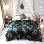 Plush Throw Blanket Botanical Leaf Print Reinforced Edge