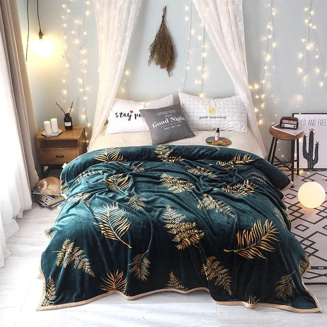 Plush Throw Blanket Botanical Leaf Print Reinforced Edge