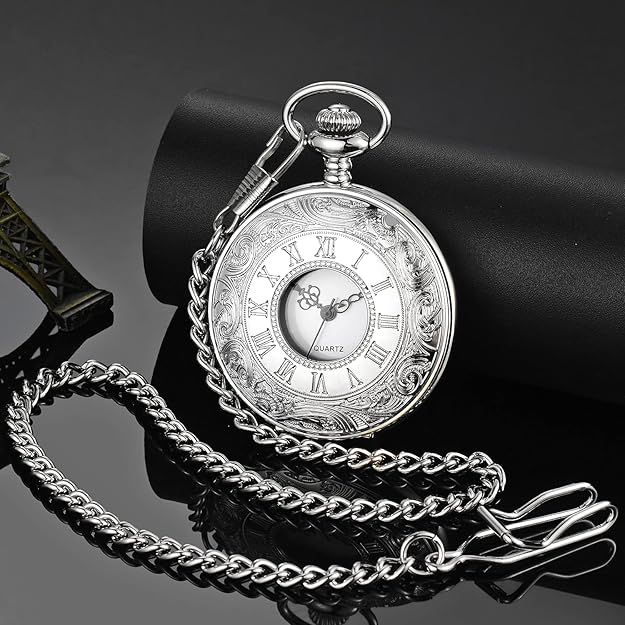 Pocket Watch Roman Numeral Quartz Movement 14.57 Inch Chain