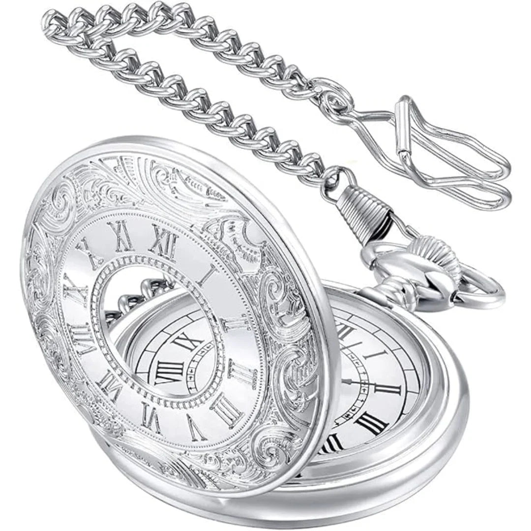 Pocket Watch Vintage Roman Numerals Quartz Movement Chain Included