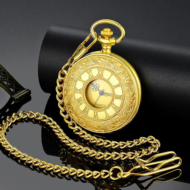 Pocket Watch Vintage Roman Numerals Quartz Movement Chain Included