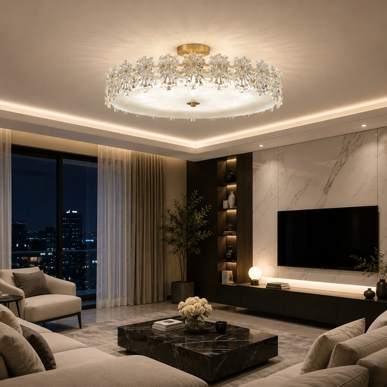 Polished Copper Starburst Glass Flush Mount Ceiling Light