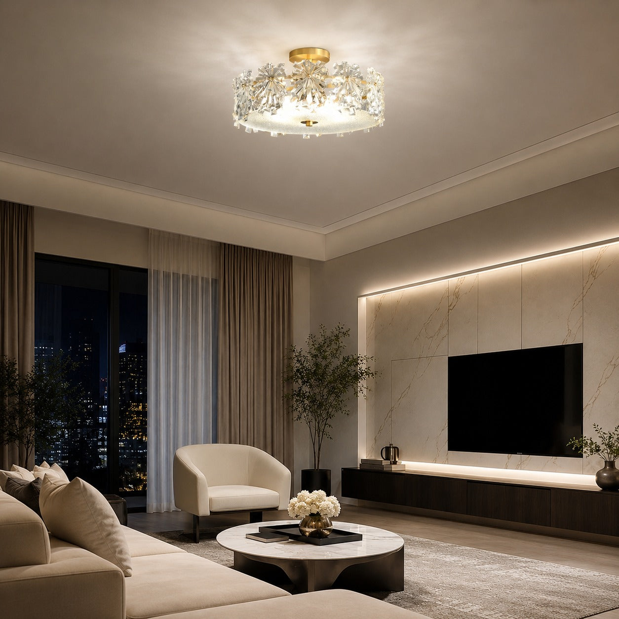 Polished Copper Starburst Glass Flush Mount Ceiling Light