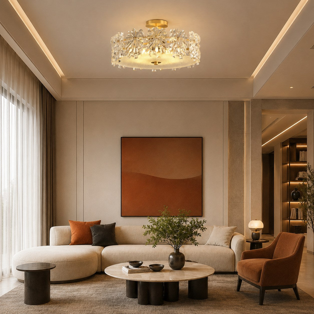 Polished Copper Starburst Glass Flush Mount Ceiling Light