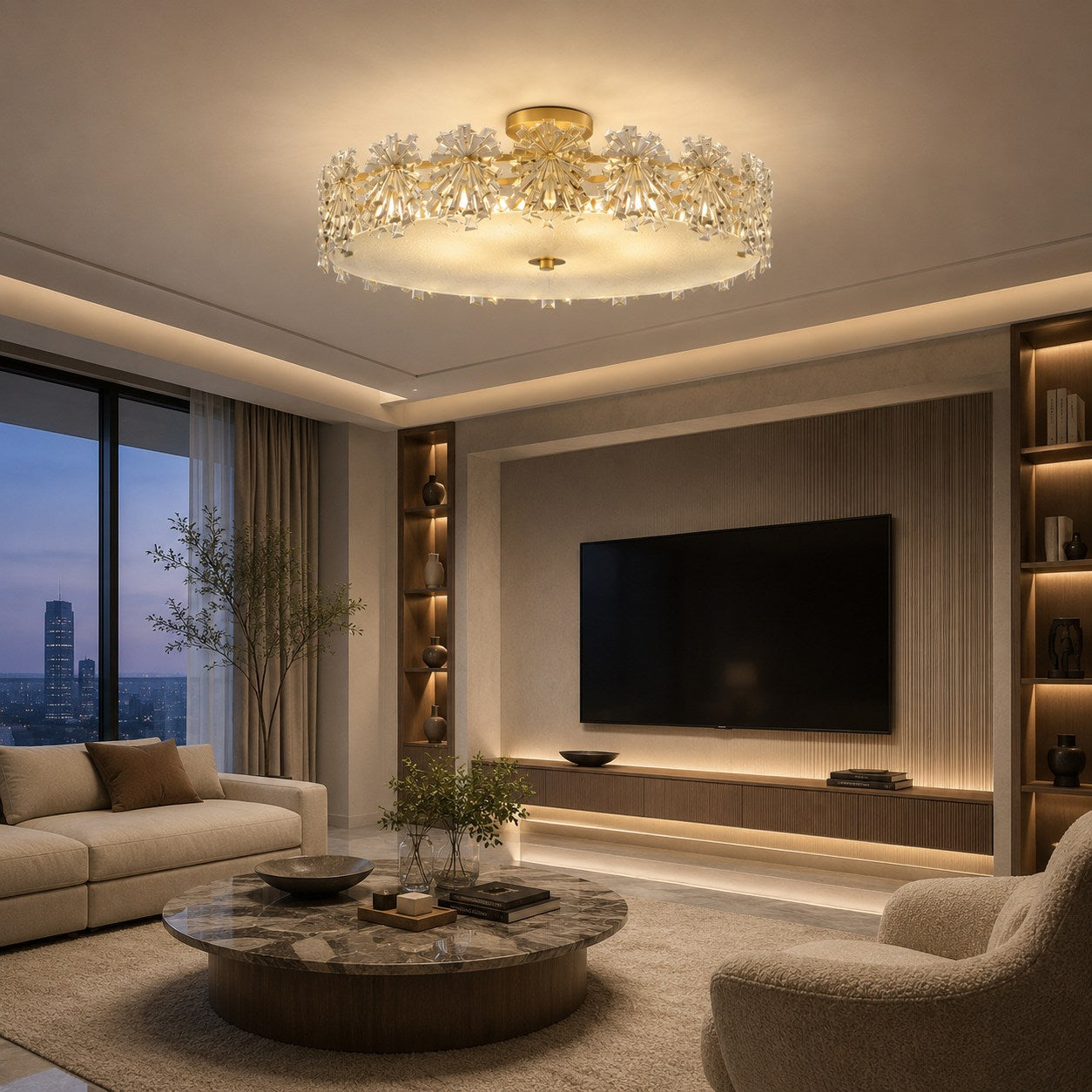Polished Copper Starburst Glass Flush Mount Ceiling Light
