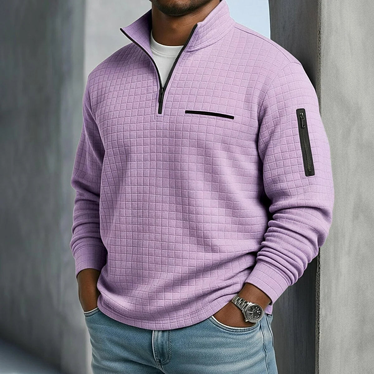 Polo Shirt Quarter-Zip Waffle Knit Long Sleeve