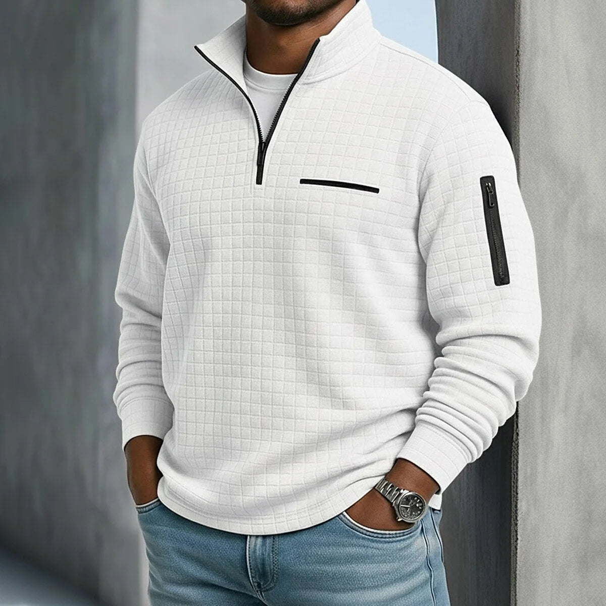 Polo Shirt Quarter-Zip Waffle Knit Long Sleeve
